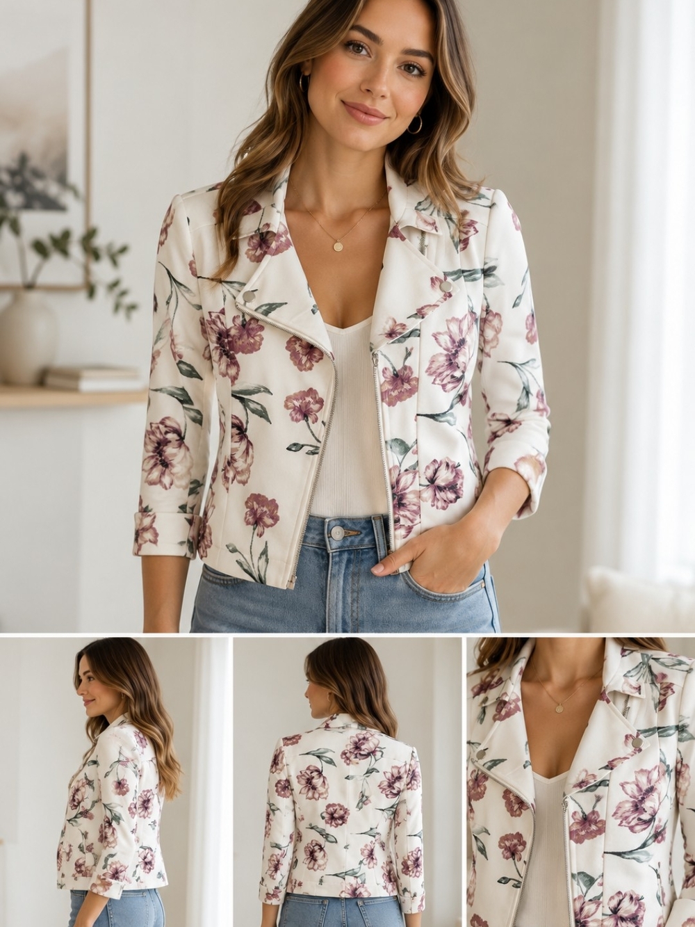 le chateau Cream Floral Zip-Front Blazer Jacket